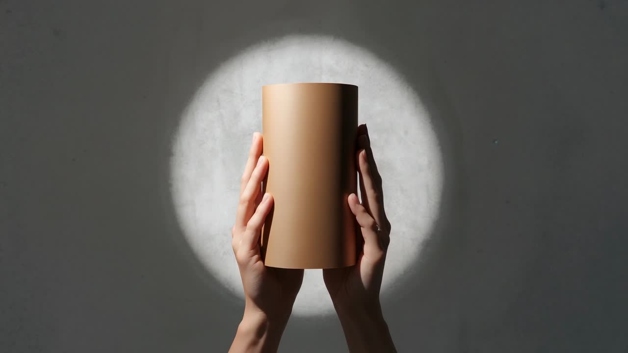 Extending arms grasping cardboard cylinder, lifting and rotating under studio light, revealing ring