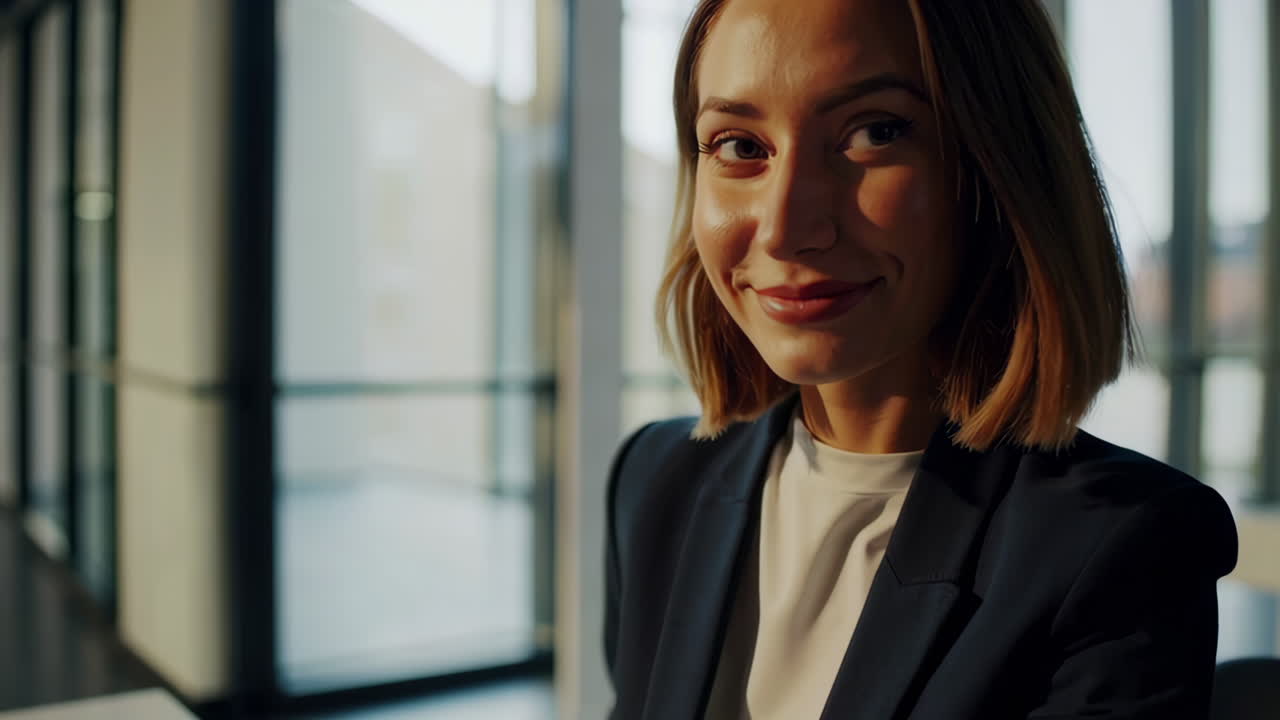 Businesswoman Working on Laptop in Modern Office