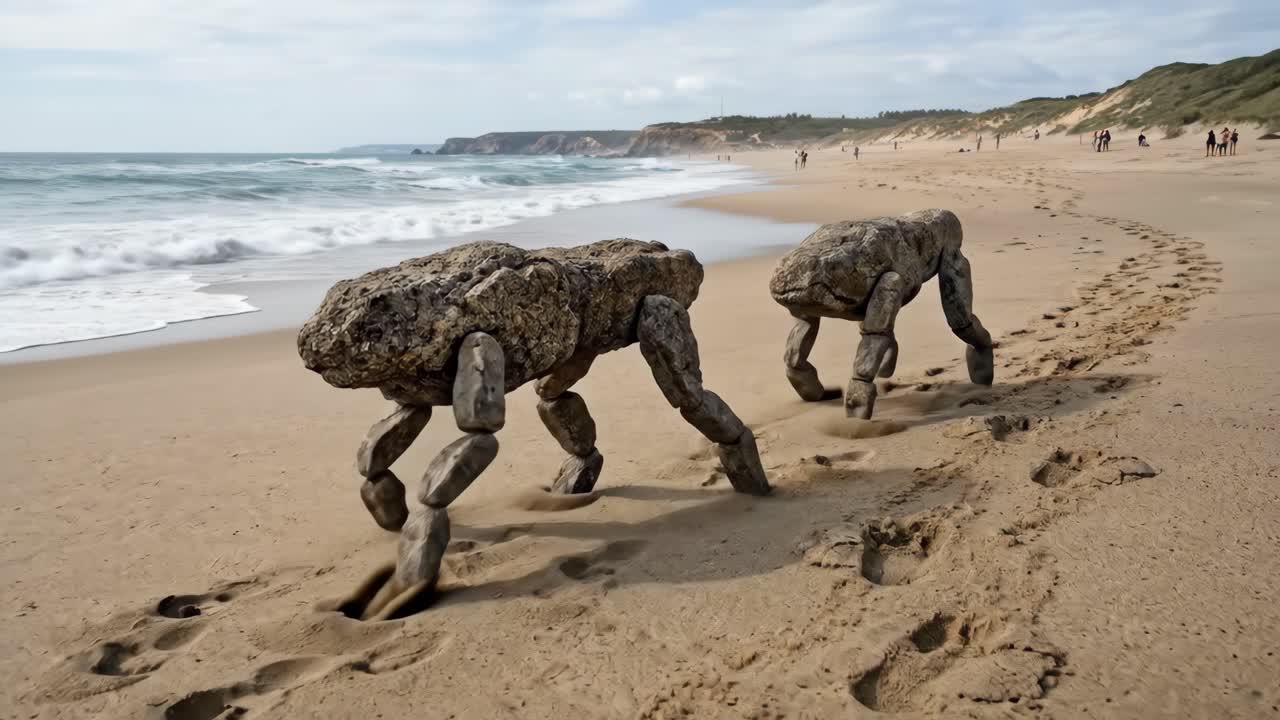 바닷가 모래 해변을 걷는 애니메이션 바위 생명체