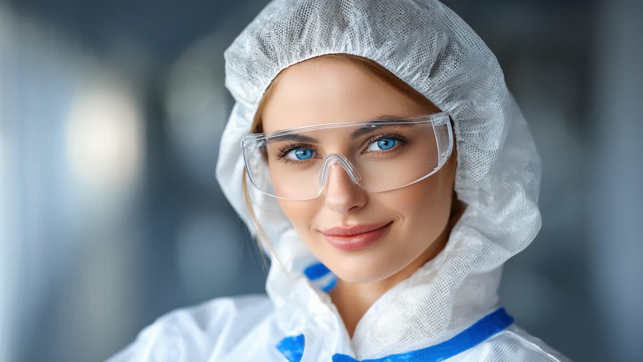 A confident and professional individual wearing protective gear, showcasing a bright smile and sparkling blue eyes, ready for action in a clean and controlled environment
