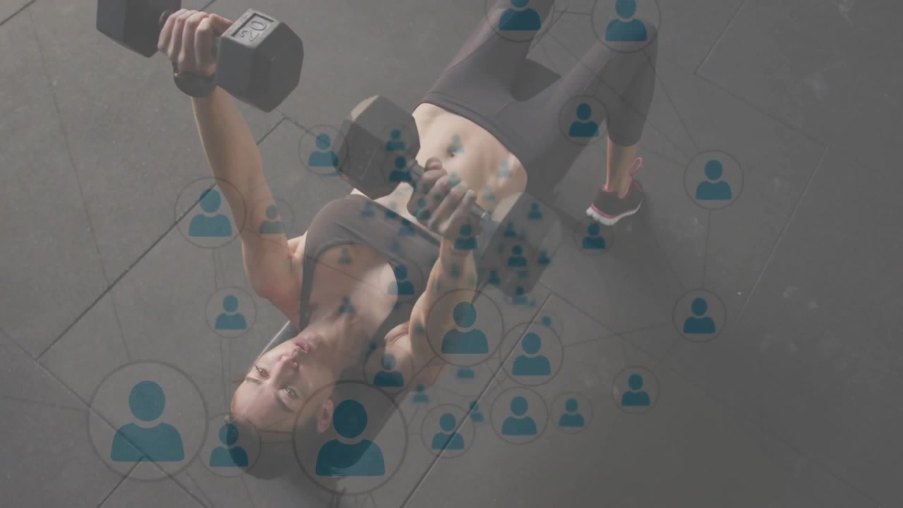 Woman executing chest fly reps from hip bridge with hex dumbbells for fitness, blue avatars overlay
