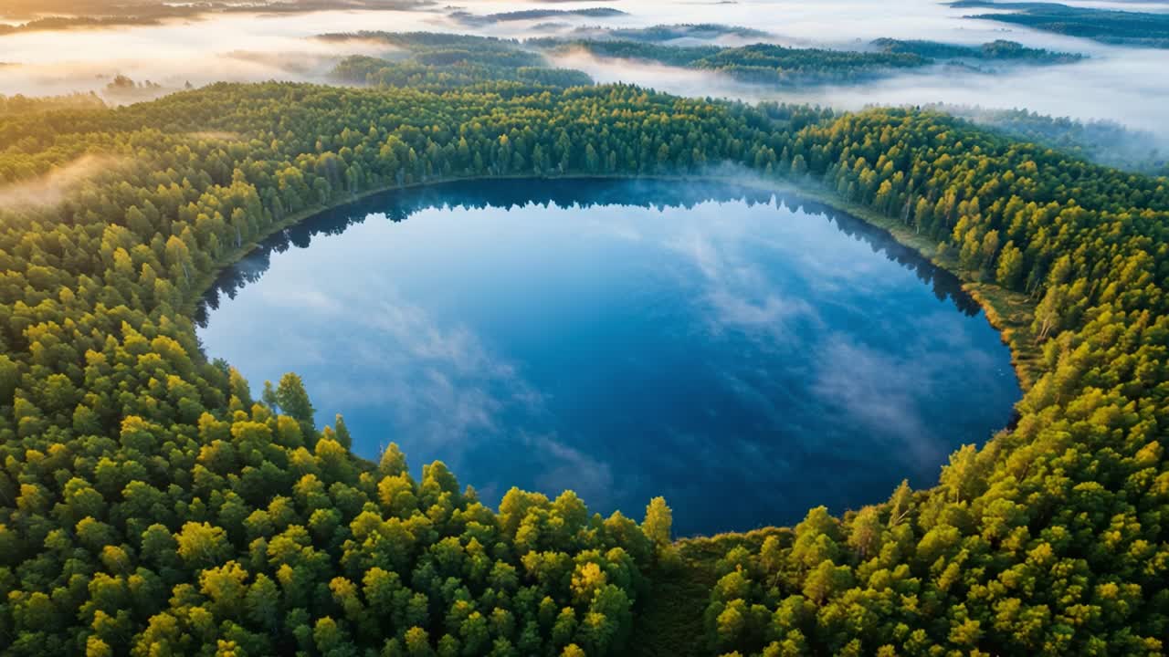 Aerial View of a Tranquil Circular Lake Surrounded by Lush Green Forests and Misty Landscapes at Dawn, Capturing Nature's Serenity and Beauty