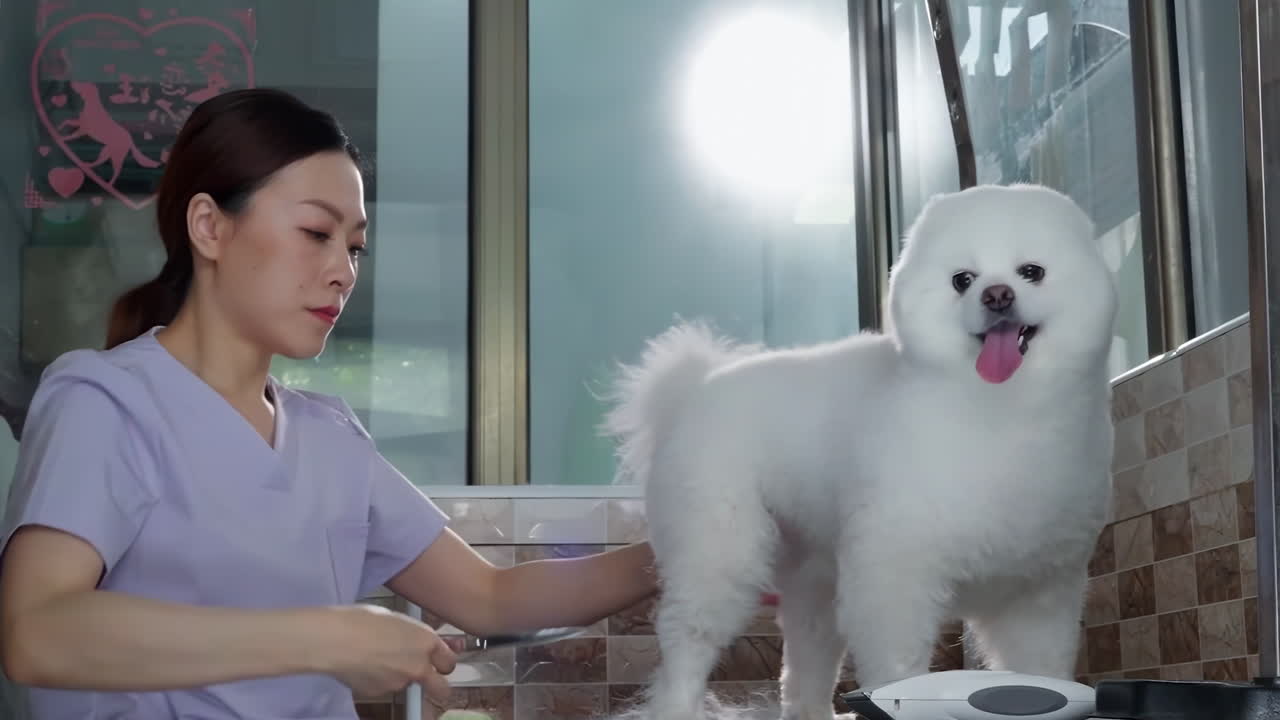 Professional barber or groomer shears small dog Pomeranian spitz with scissors water in pet haircut beauty salon