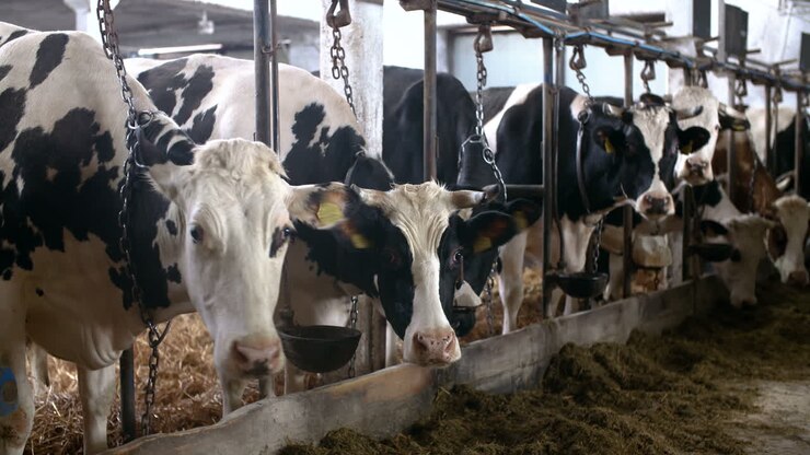 kuh, die heu in der landwirtschaftsscheune frisst milchkühe in der landwirtschaftsscheune 4