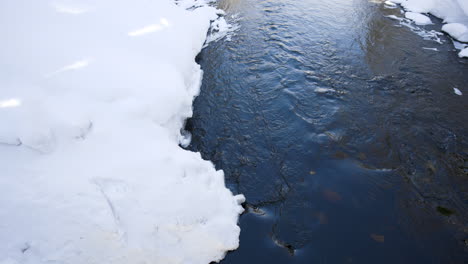 Small-tranquil-stream,-on-a-sunny,-winter-day,-in-Lapland---Still-view