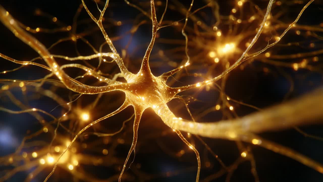 A captivating visual exploration of neurons illuminated in a golden hue, showcasing their intricate structures and connections, highlighting the beauty of neural networks in the nervous system's functionality
