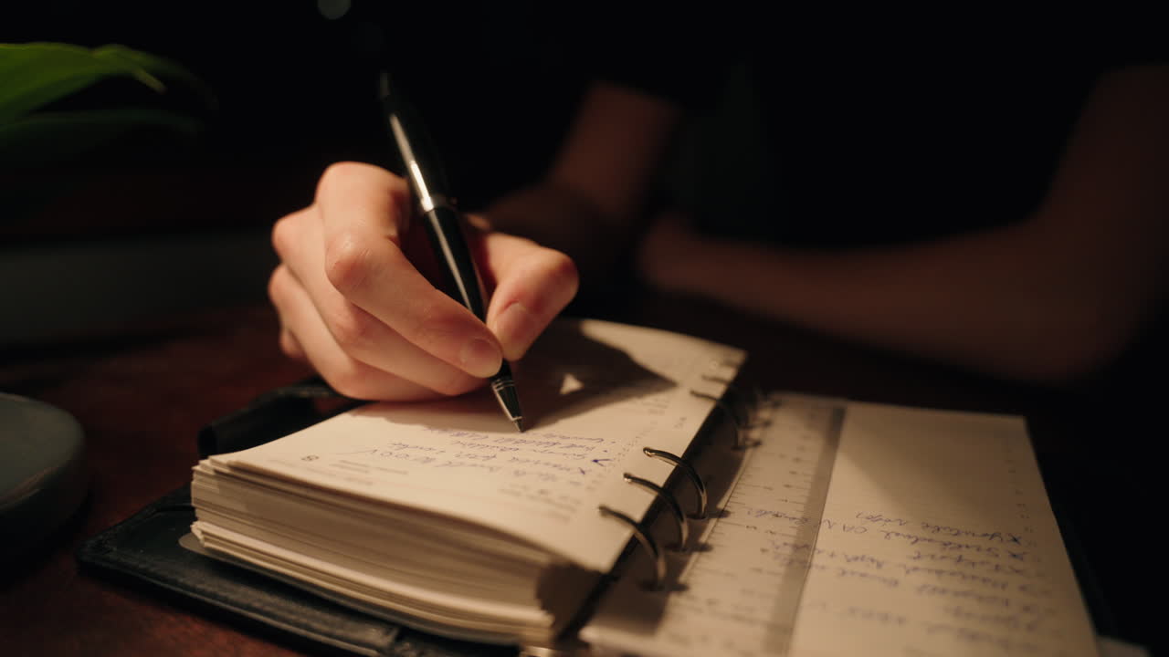 Push in shot of a student writing with his pen into his calendar