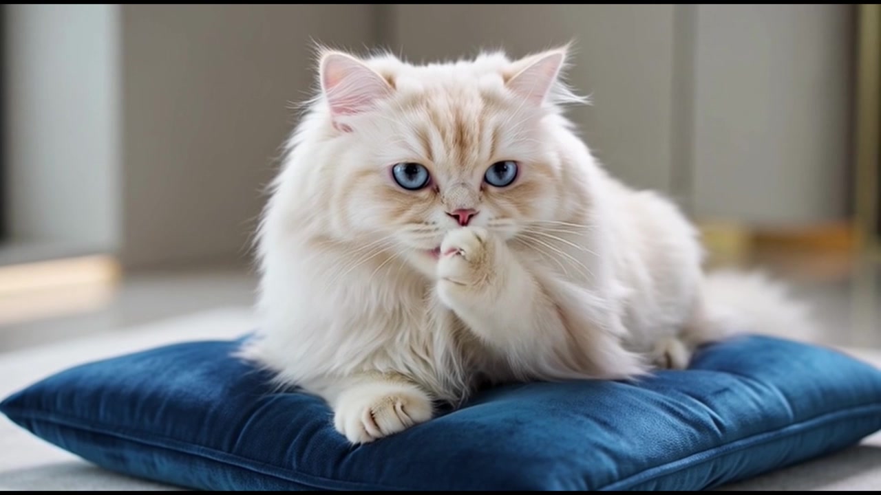 Fluffy hvid kat, der plejer sig selv på en blå pude