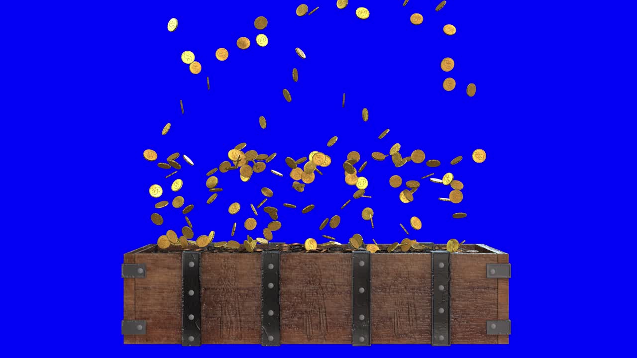 Glowing gold coins falling on an open wooden treasure chest and falling down on blue screen 3D animation, front view