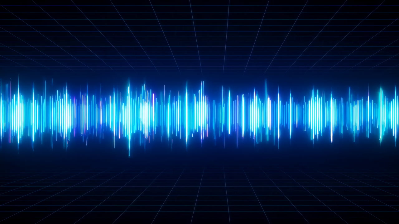 Blue Audio Waveform Across Neon Grid Dynamic Equalizer Bars Pulse And Shimmer Across Dark Futuristic Grid,