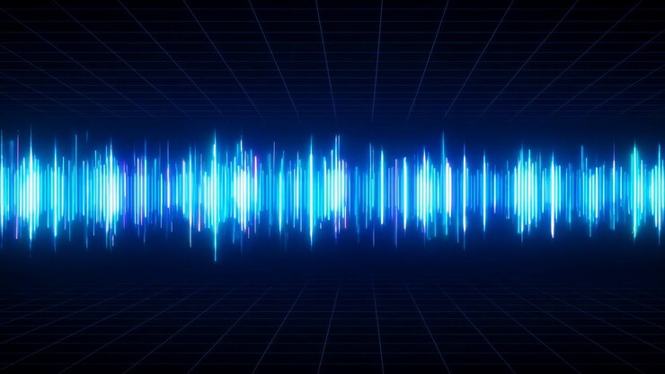 Blue Audio Waveform Across Neon Grid Dynamic Equalizer Bars Pulse And Shimmer Across Dark Futuristic Grid,