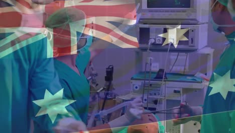 Animation-of-flag-of-australia-waving-over-diverse-surgeons-and-nurse-performing-surgery-on-patient