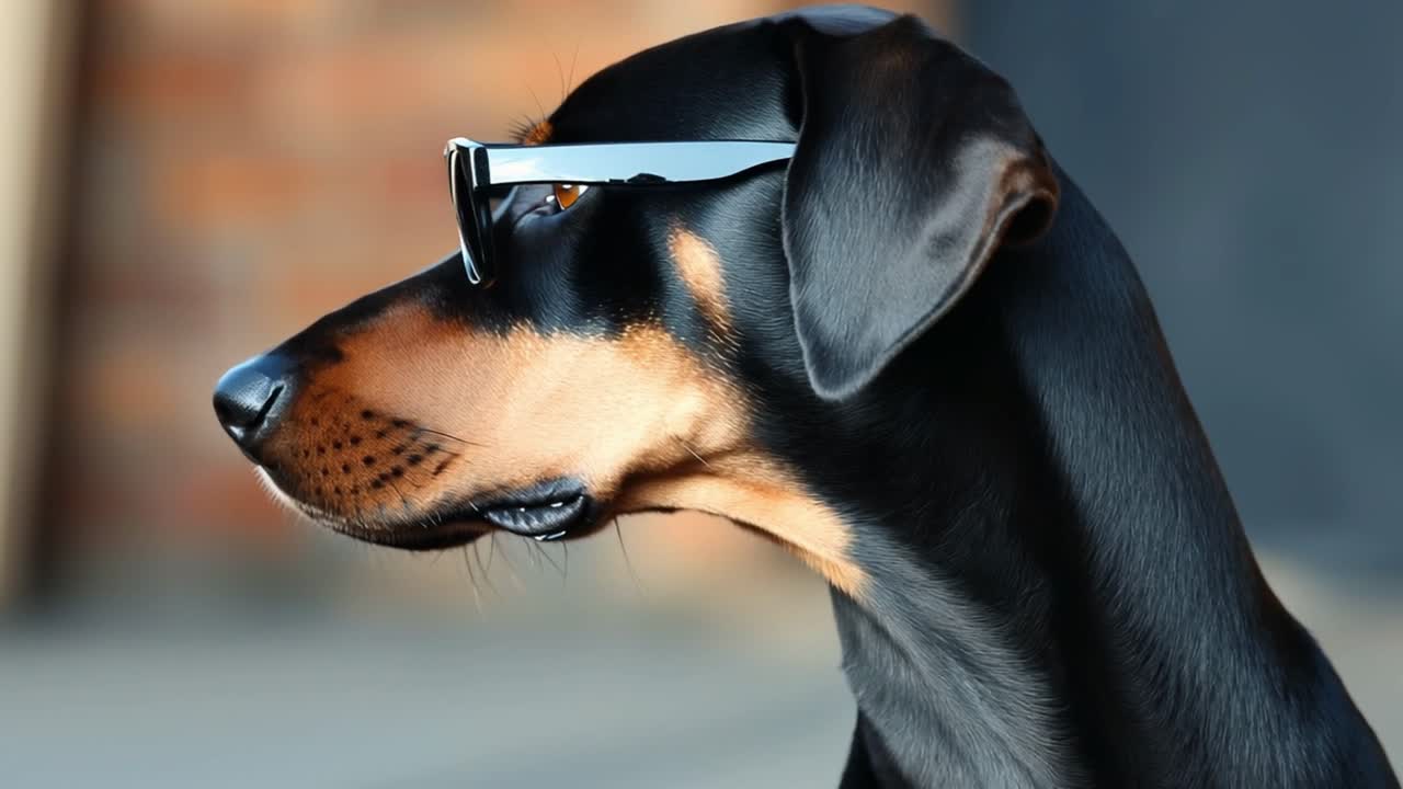 Doberman dog wearing stylish sunglasses, posing confidently on the street with a blurred urban background, exuding an air of coolness and elegance