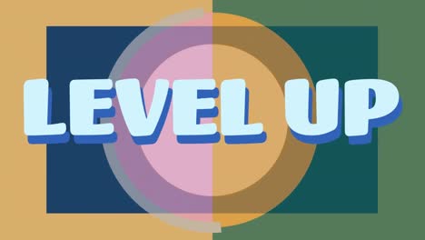 Animation-of-level-up-text-banner-over-colorful-abstract-shapes-against-dual-tone-background