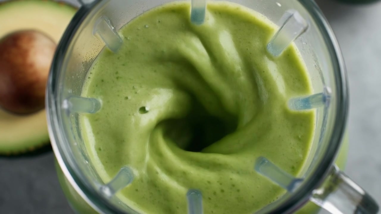 Frullato verde di avocado che si frulla in un frullatore