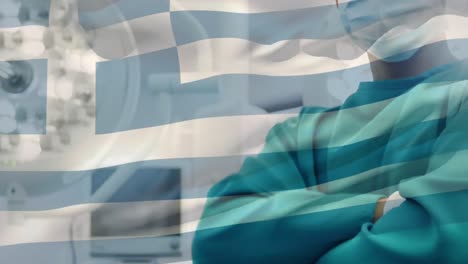 Animation-of-flag-of-greece-waving-over-surgeons-in-face-masks