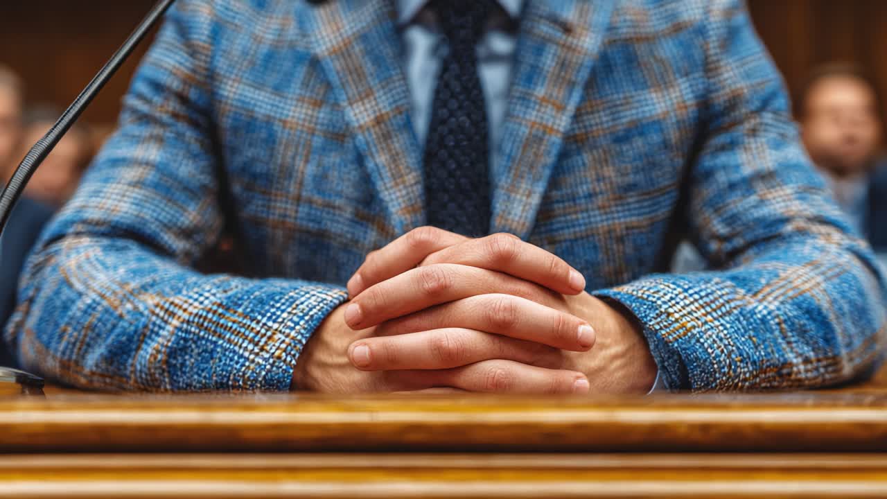 A Serious Moment in the Courtroom: A Close-Up on an Individual's Hands Resting on a Desk, Symbolizing Justice, Respect, and Attention During Proceedings