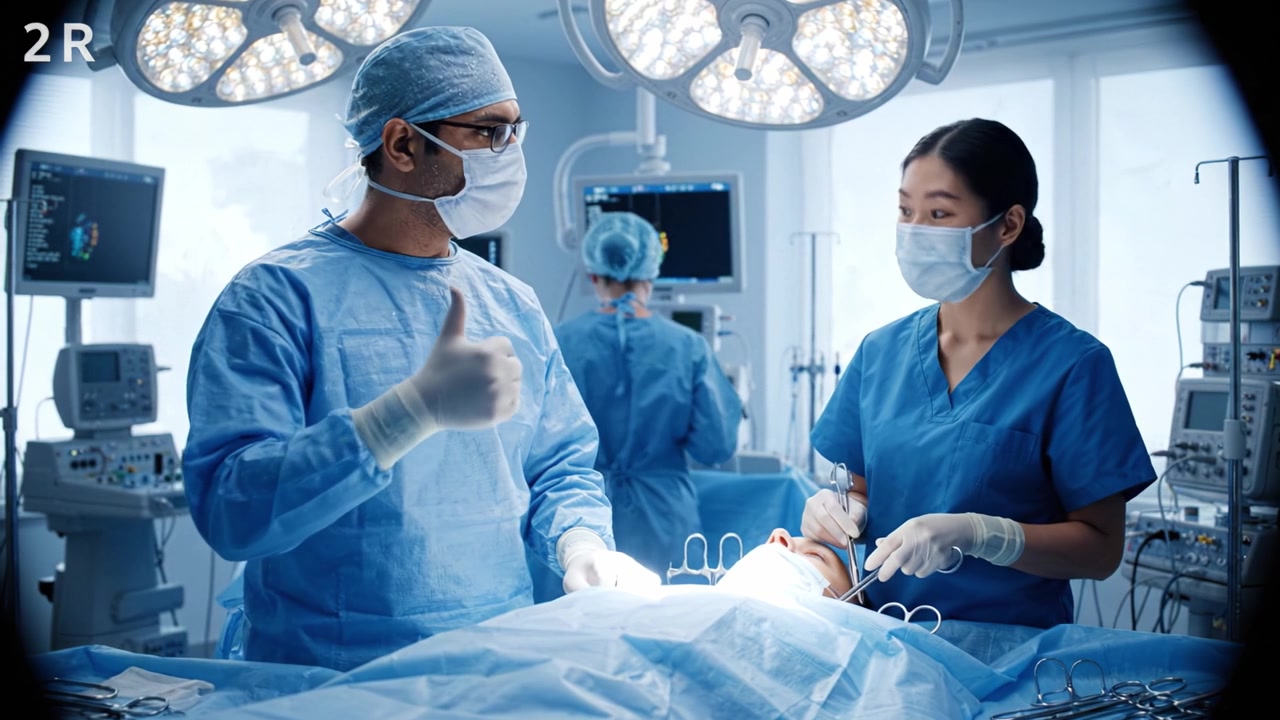 Squadra chirurgica in azione: chirurghi concentrati che eseguono una procedura medica con precisione in una moderna sala operatoria circondata da tecnologia avanzata.