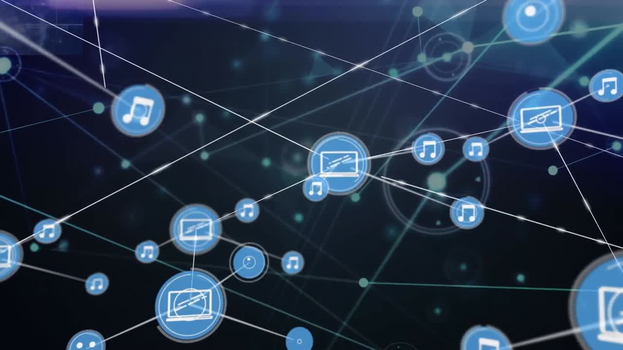 animación de la red de conexiones e íconos digitales sobre senderos de luz contra un fondo azul.