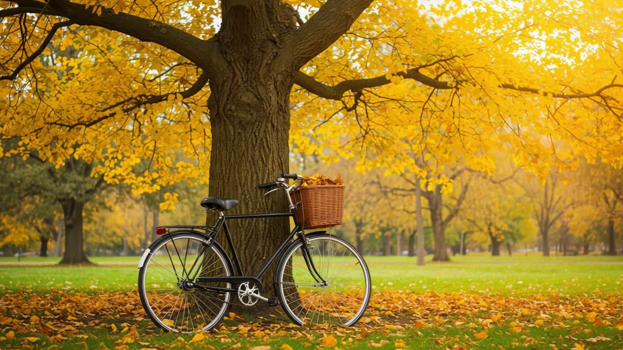 A Serene Autumn Scene Featuring a Bicycle by a Majestic Tree with Golden Leaves and a Basket Filled with Colorful Fall Foliage in a Peaceful Park Setting