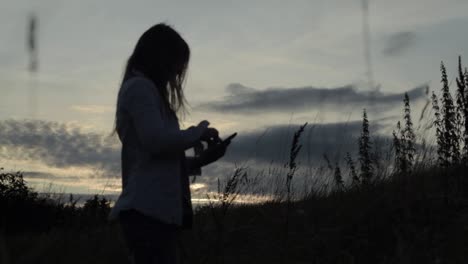 mujer usando un teléfono celular en el paisaje del atardecer