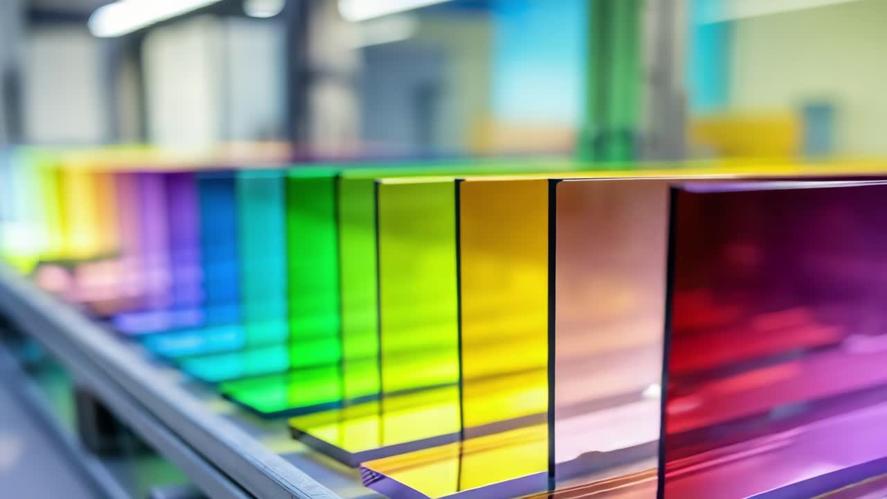 Colorful glass samples are standing on a metal shelf in a factory warehouse, creating a vibrant spectrum of colors, suggesting quality control or product display in industrial environment