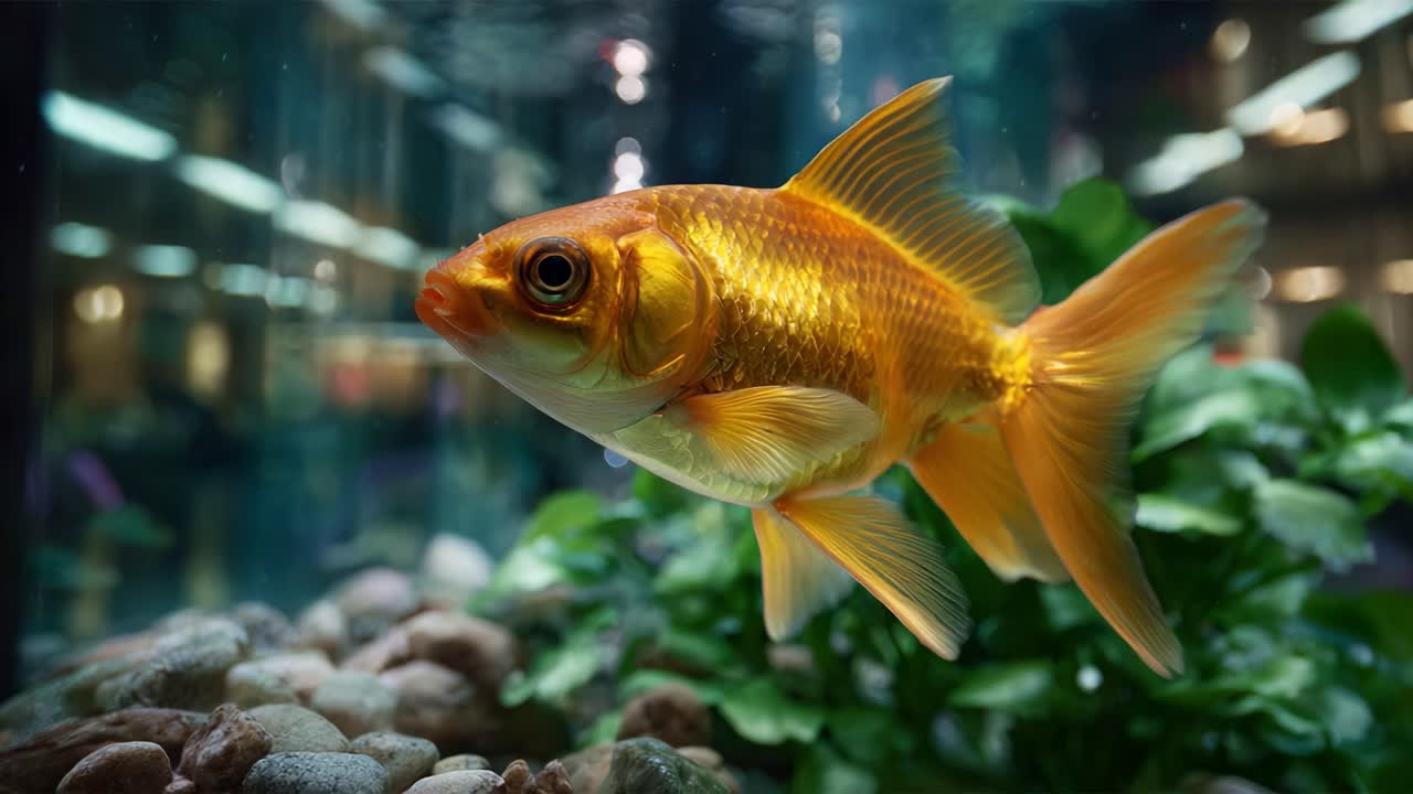 Um peixinho dourado nadando elegantemente em um paraíso aquático cercado por vegetação exuberante e pedras, cativando o pacífico mundo subaquático