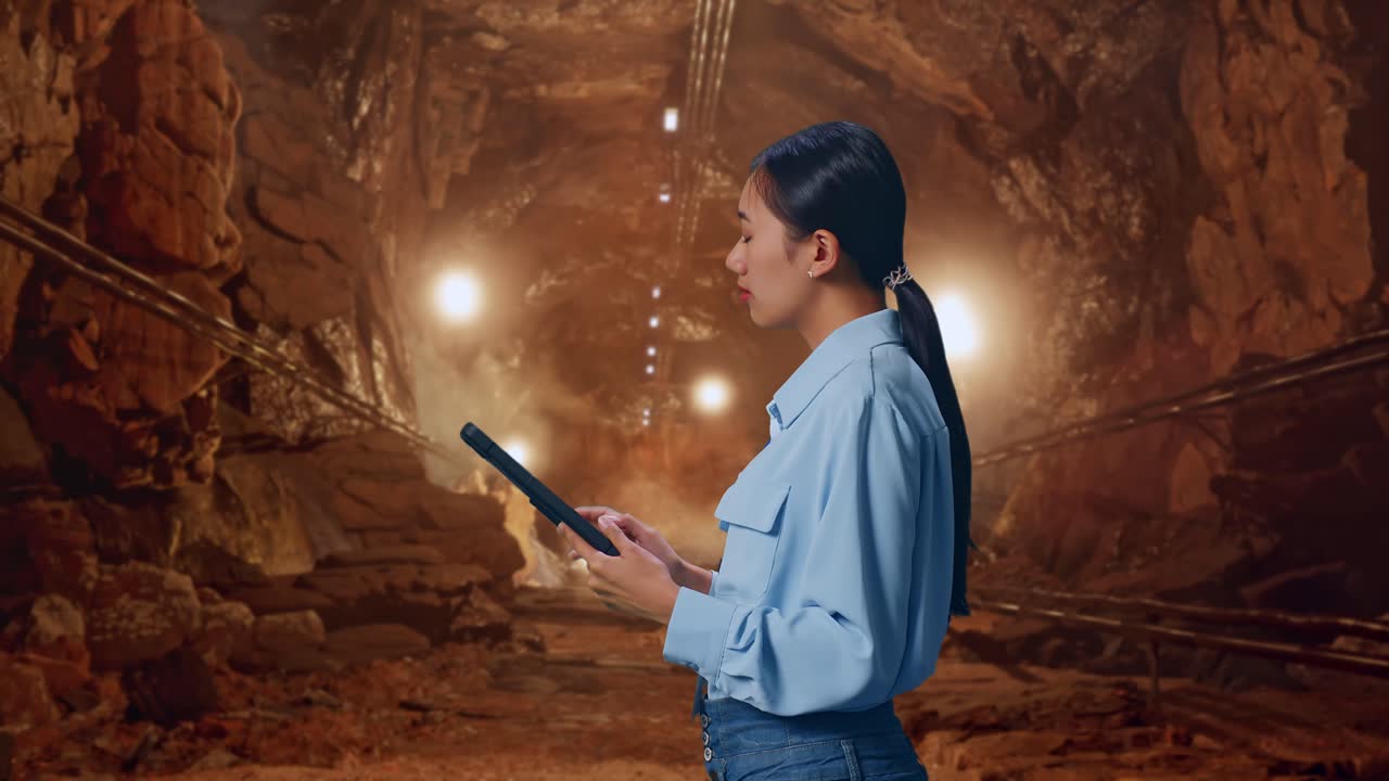 Side View Of Asian Female Professional Worker In Underground Mine Tunnel, Observes By Looking Up Before She Come To Concentrating On The Tablet And Keep On Checking