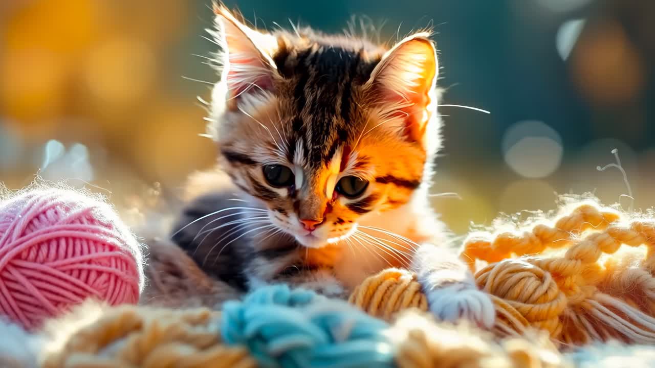 A small kitten laying on top of a pile of yarn