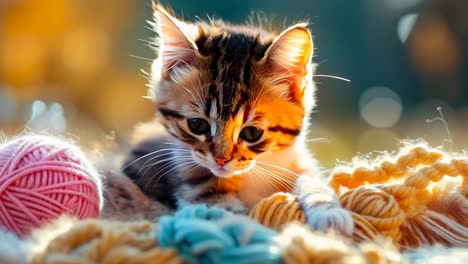 a small kitten laying on top of a pile of yarn