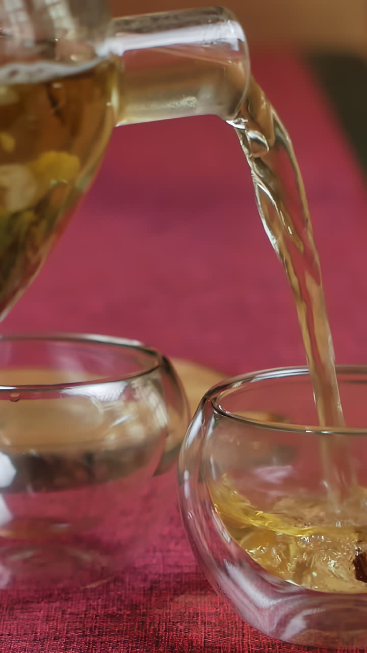 vertiendo té en tazas de vidrio