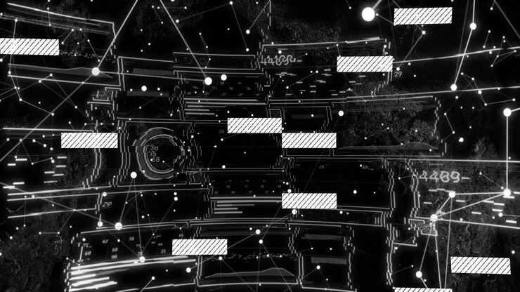 HUD network animating as hatched bars sliding, nodes linking, labels changing, showing data flow