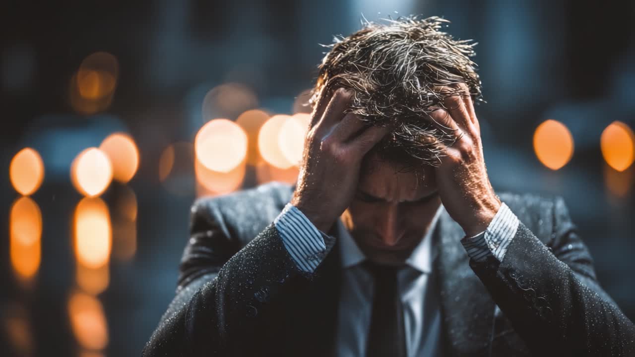 A Desolate Moment: A Man in a Suit Struggles with Overwhelming Emotions While Caught in the Rain, Surrounded by Blurred City Lights