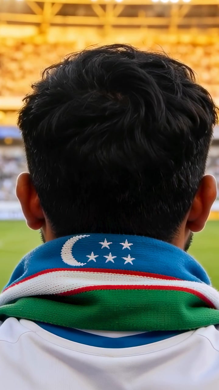Video verticale: Al calcio d'inizio, un tifoso con maglia bianca guarda la partita nello stadio, indossando una sciarpa a mezzaluna.