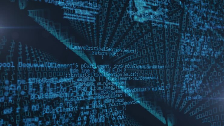 Digital animation of binary coding data processing against blue background
