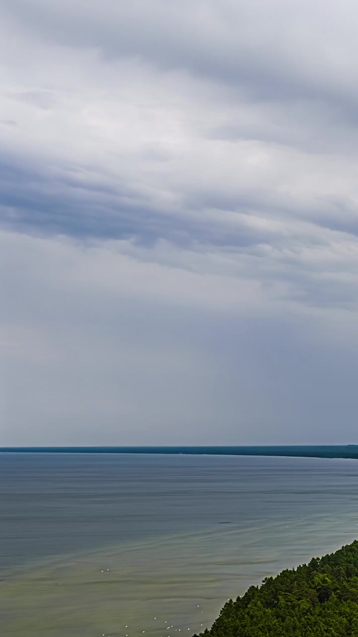 Vertical aerial timelapse shows soft streaked clouds drifting above tranquil Baltic Sea water and forested coastline