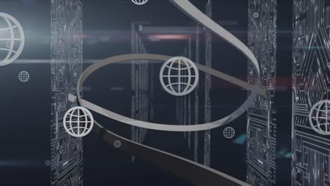 Animation-Von-Globussymbolen-über-Dem-Serverraum