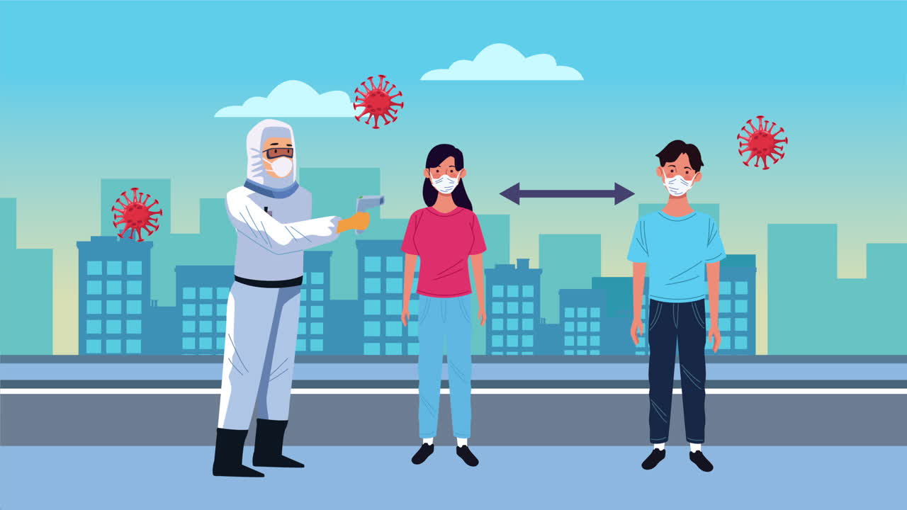 온도계와 환자를 가진 생물 안전 작업자 및 도시 코로나19 통제에 대한 환자