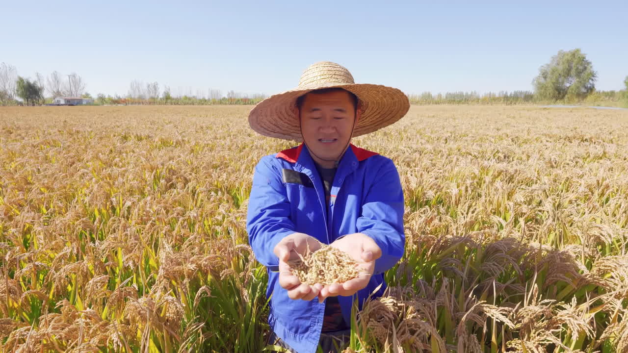 Close up farmer's hand holding harvested healthy paddy rice grains crop in a paddy field to check, analyze, control the quality. Concept of agriculture, harvest, sustainable farming, food production