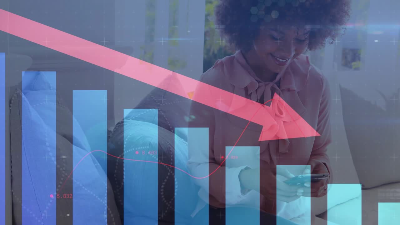 Woman tapping smartphone and lifting mug on sofa, updating finance chart with pink downward arrow