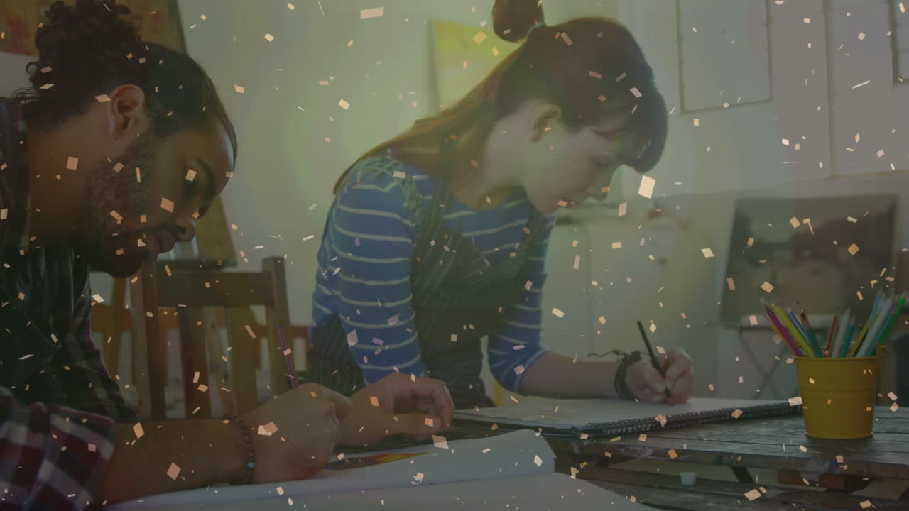 다양한 그룹의 사람들 위에 떨어지는 콘페티의 애니메이션 예술 수업