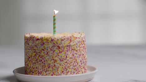 studio shot birthday cake covered with decorations and single candle being blown out 1