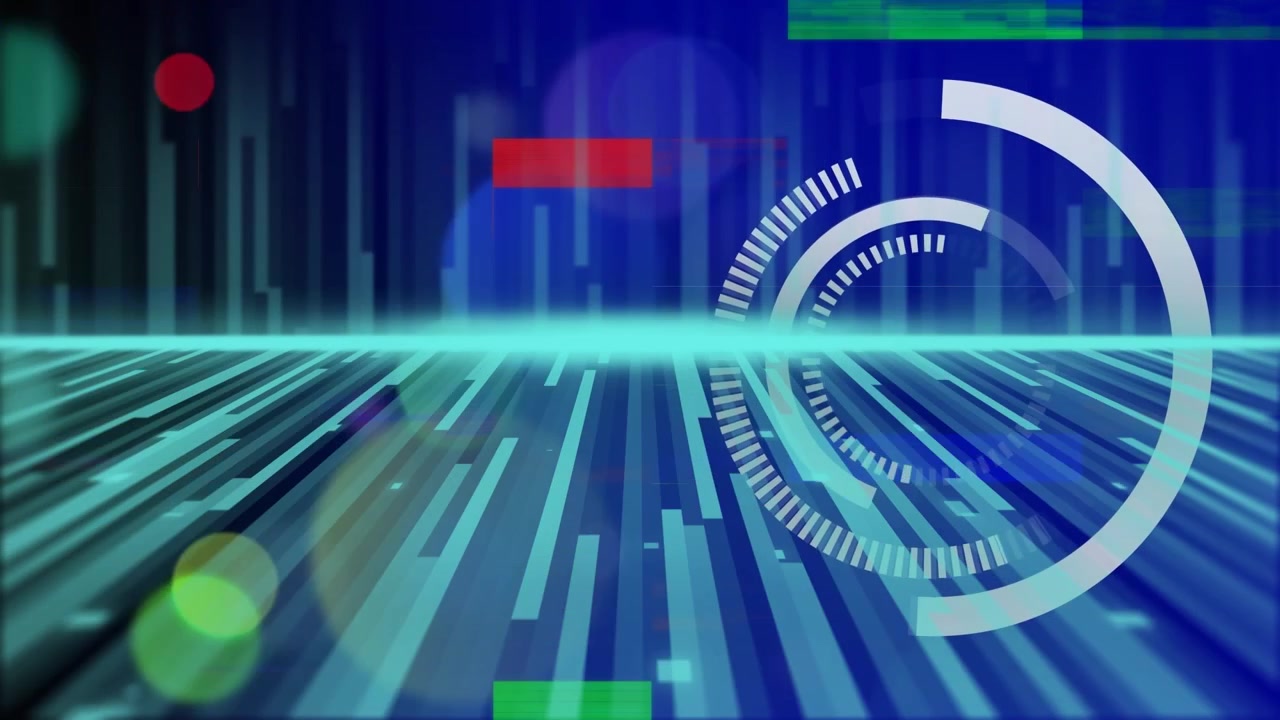 Animation of hud with bokeh effect on abstract line patterned background over digital interface