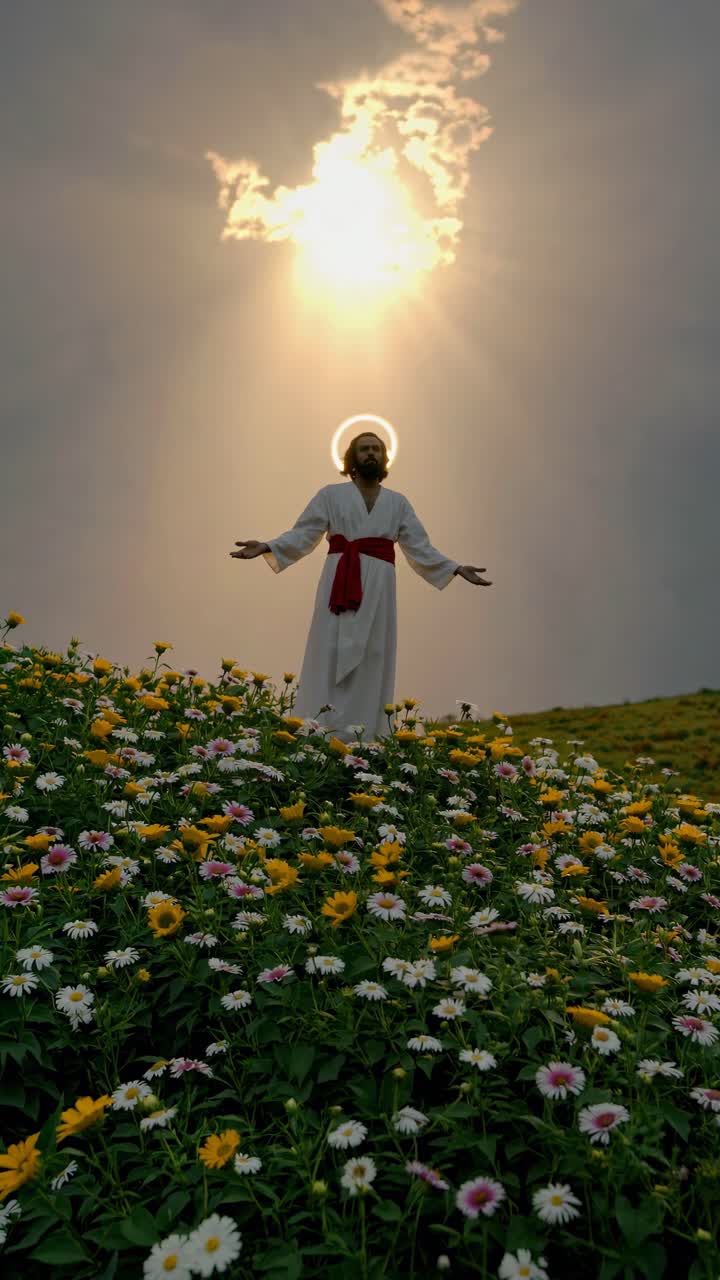 A divine figure stands on a flower-covered hill, arms open, with a halo and sunburst