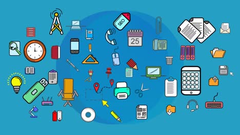 animación de múltiples iconos digitales sobre una forma circular abstracta contra un fondo azul