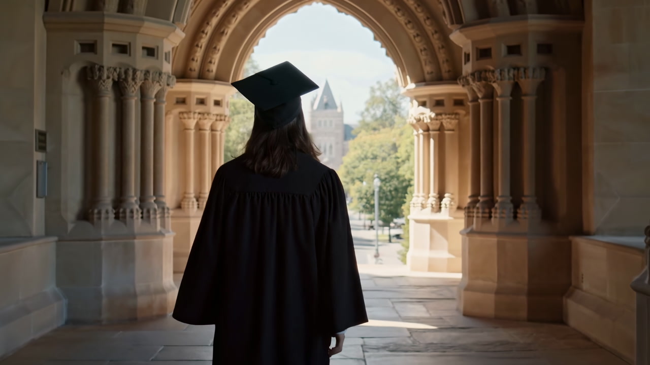 Graduate In Black Gown Under Archway, Historic Sandstone Corridor Framing Distant Campus Tower, Mortarboard