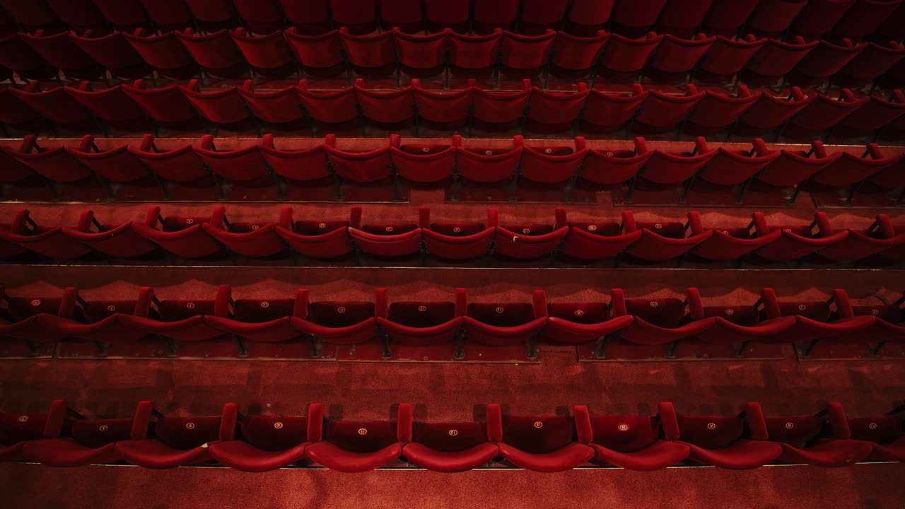 Empty theater opera house seats seen from above during Coronavirus, closed business concept affecting the arts and theatre due to Covid