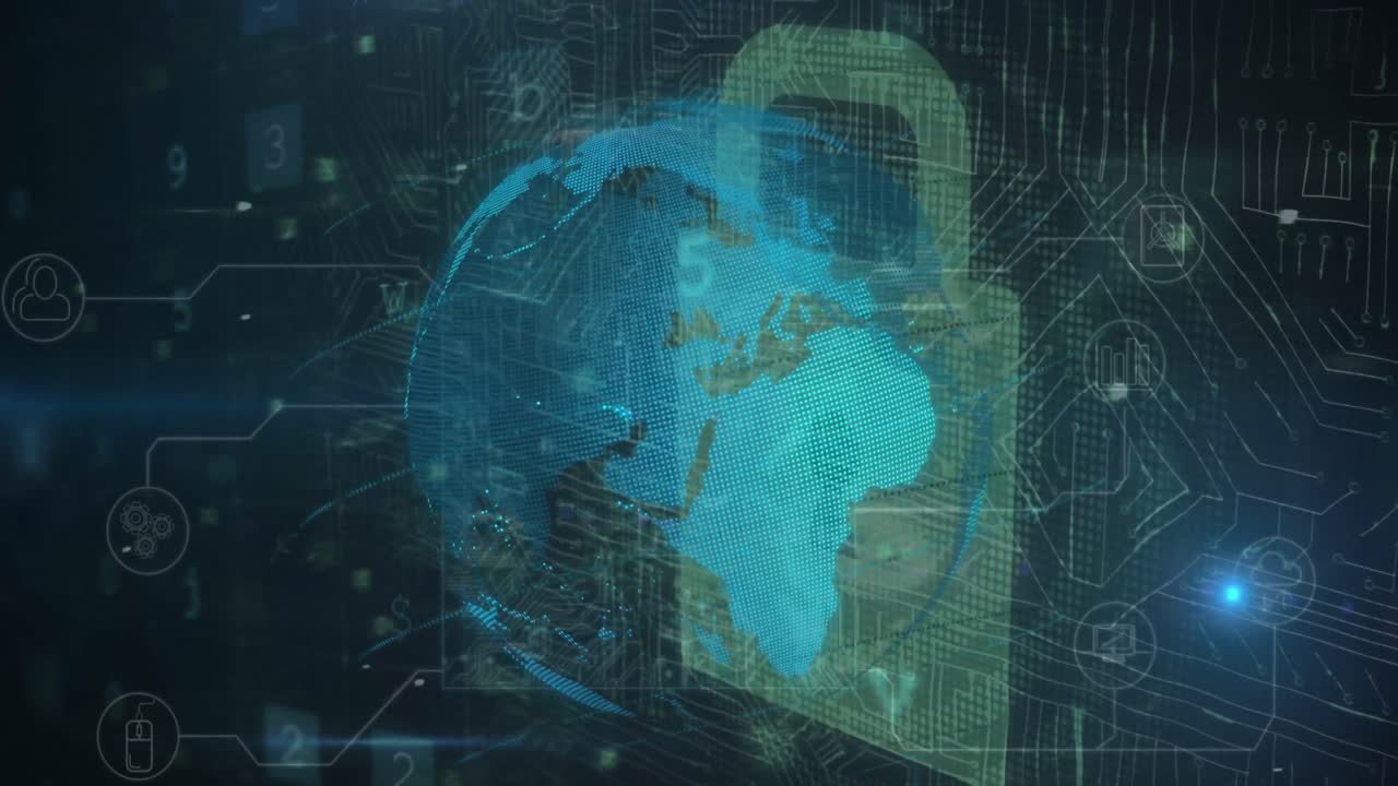 Animation of globe, virus warning and digital padlock on black background
