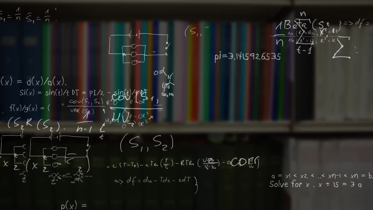 Mathematical equations against shelf of books