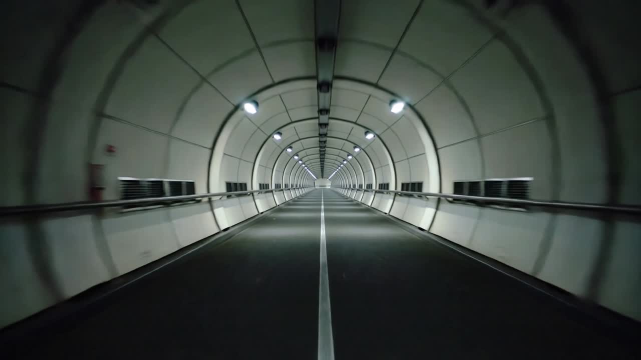 攝影機從拱形隧道向前推進，白線、路軌、通風口及燈光掠過。